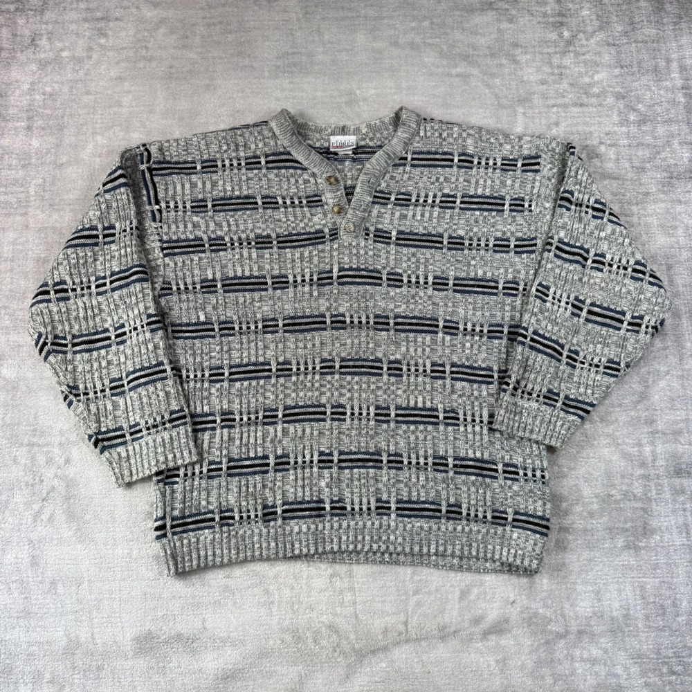 Vintage Sweater Mens XL Grey Geometric Striped 3D Knit Grandpa Preppy Ski